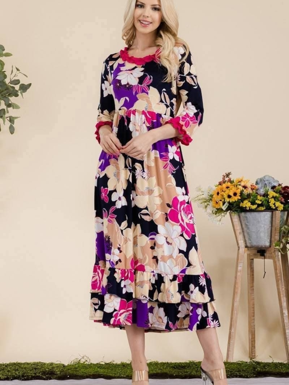 Celeste Navy Floral Maxi Dress with Pink & Cream Accents